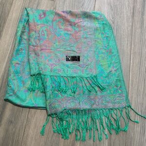 Rocchi Pashmina Paisley Green and Pink Scarf with Fringe Firenze Italy